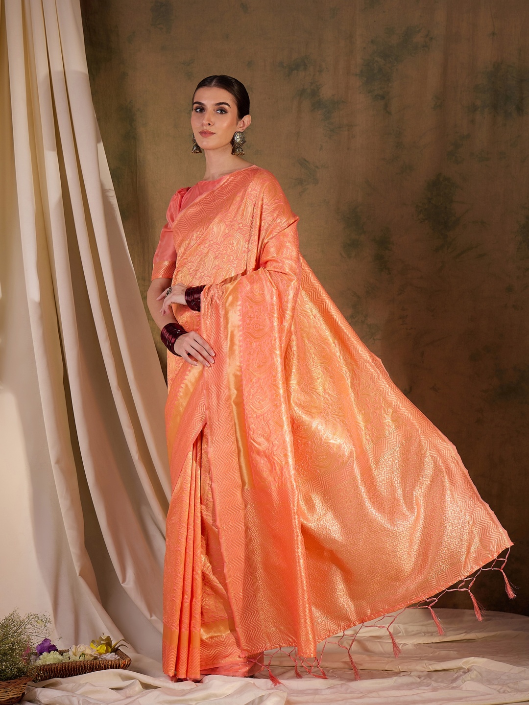 

DEVATITHI Peach Banarasi Silk Saree, Orange