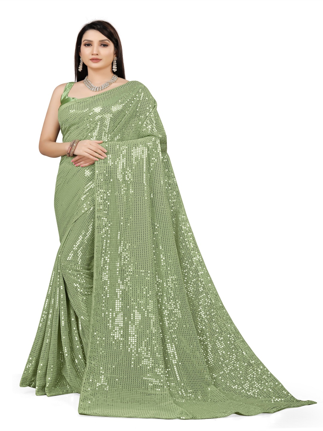 

Moda Rapido Embellished Sequinned Pure Georgette Saree, Green