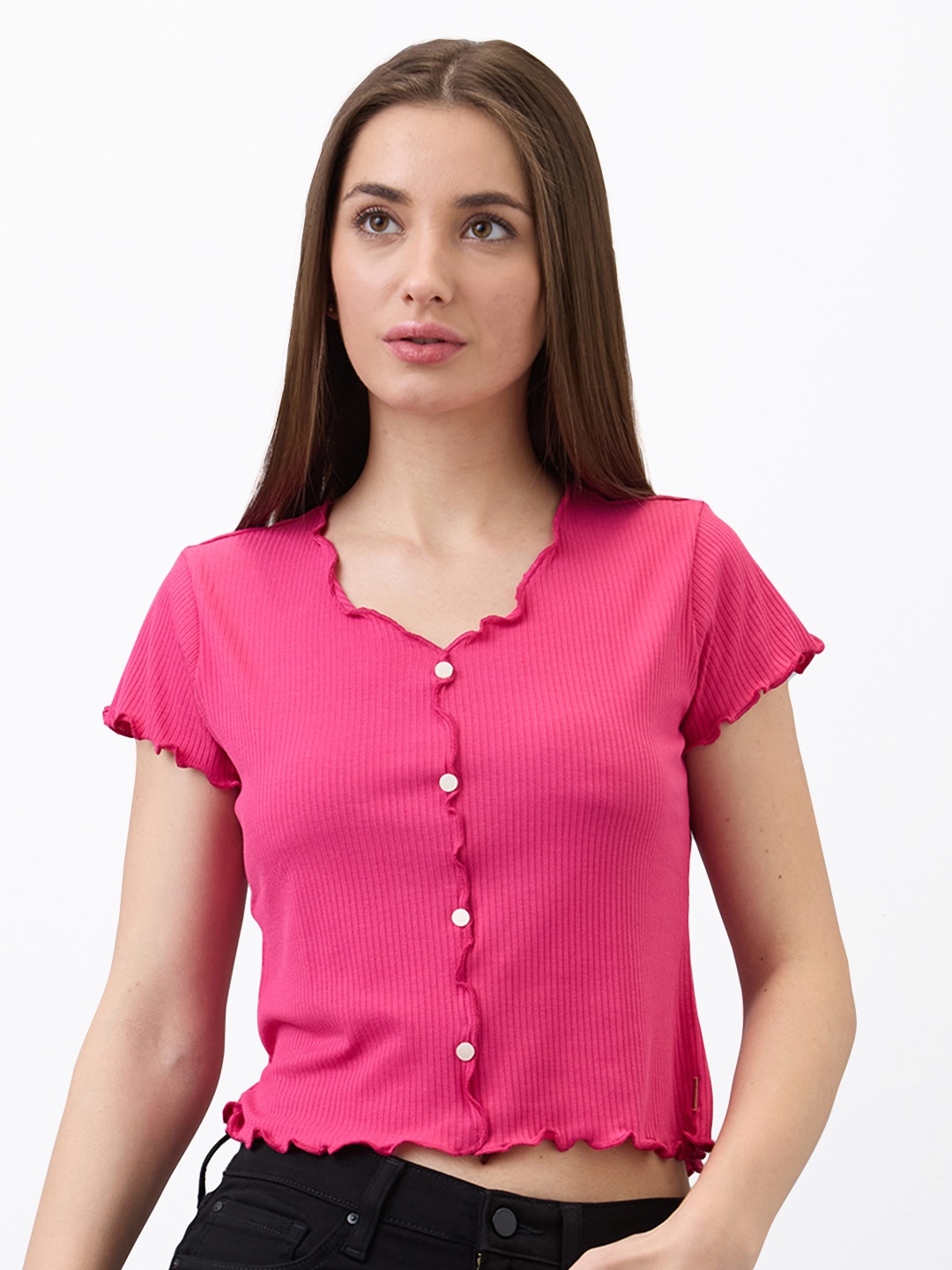 

SPYKAR Women Solid Shirt Style V-Neck Crop Top, Pink