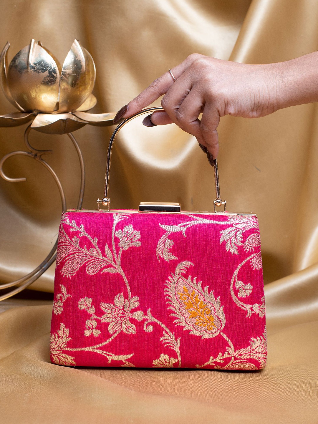 

ARTKLIM Floral Embroidered Brocade Box Clutch, Pink