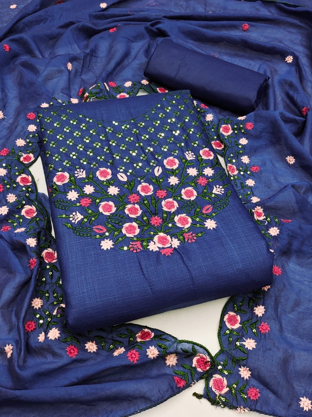 

SWARNGANGA TEX Floral Embroidered Sequinned Unstitched Dress Material, Blue