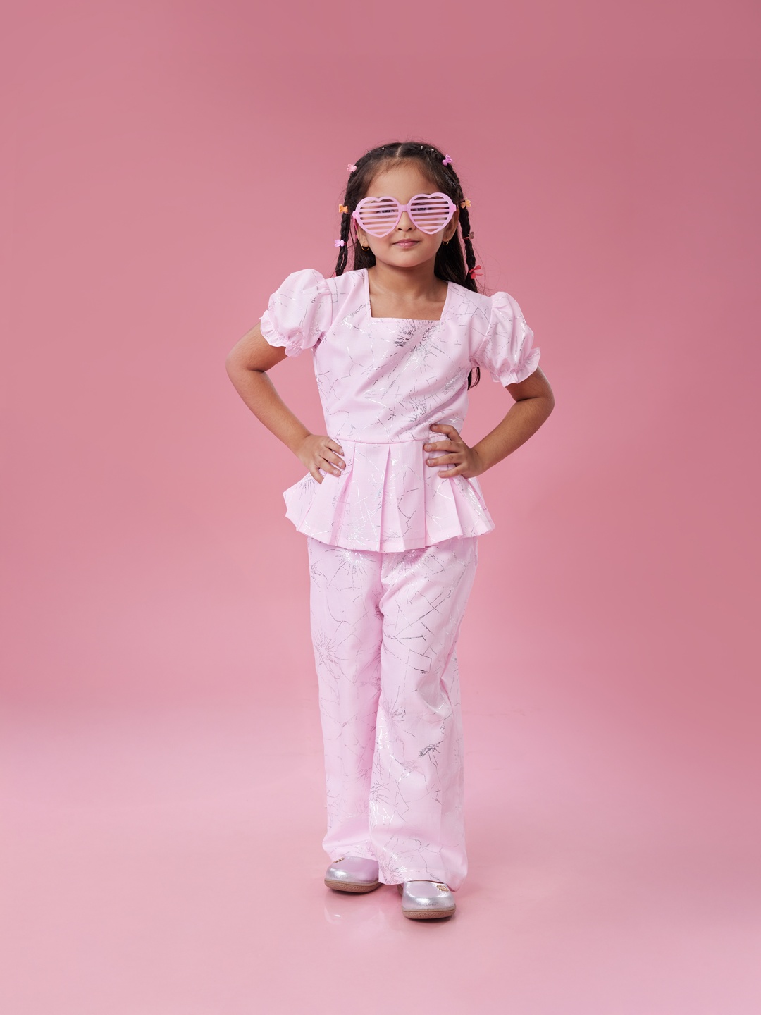 

MASTARANG Girls Foil Printed Square Neck Top With Trousers, Pink