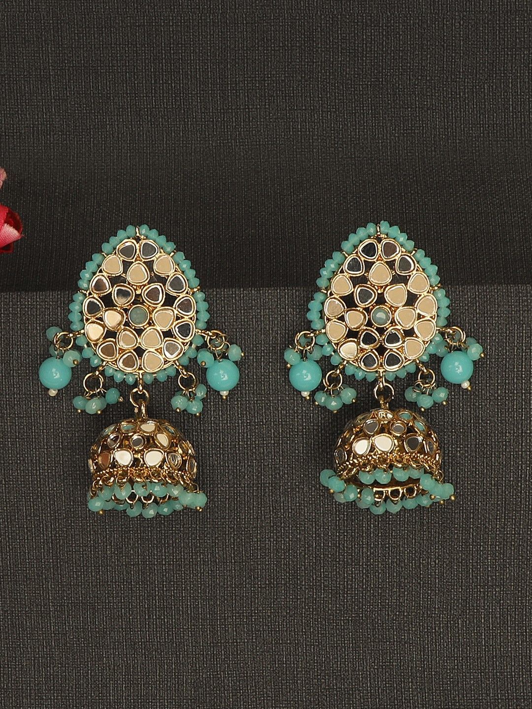 

Anouk Blue And Gold-Plated Artificial Stones and Beads Dome Shaped Jhumkas