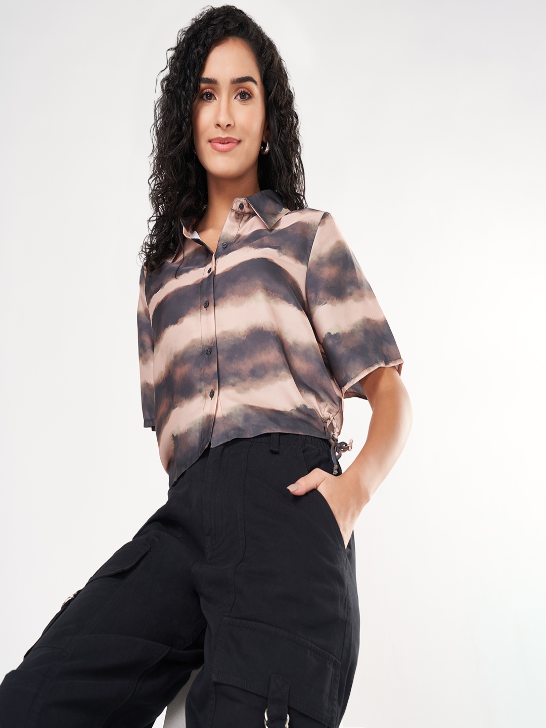 

People Women Boxy Fit Spread Collar Horizontal Striped Casual Shirt, Beige