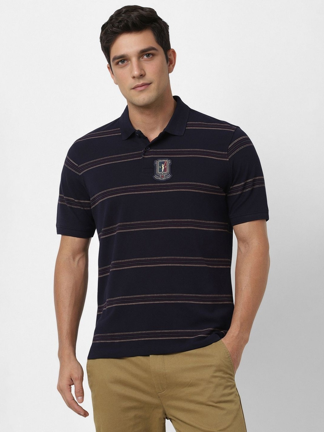 

Peter England Casuals Men Striped Polo Collar Cotton T-shirt, Navy blue
