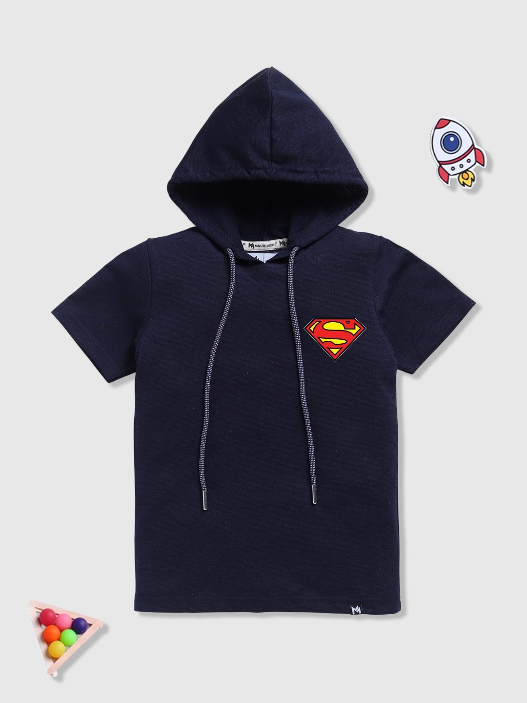 

YK X Minute Mirth Boys Superman Graphic Printed Hooded T-shirt, Navy blue