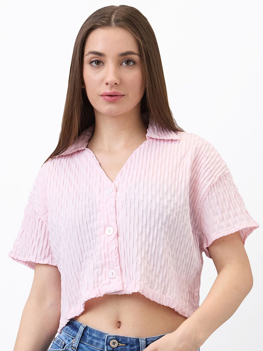 

SPYKAR Women Boxy Fit Spread Collar Vertical Striped Casual Shirt, Pink