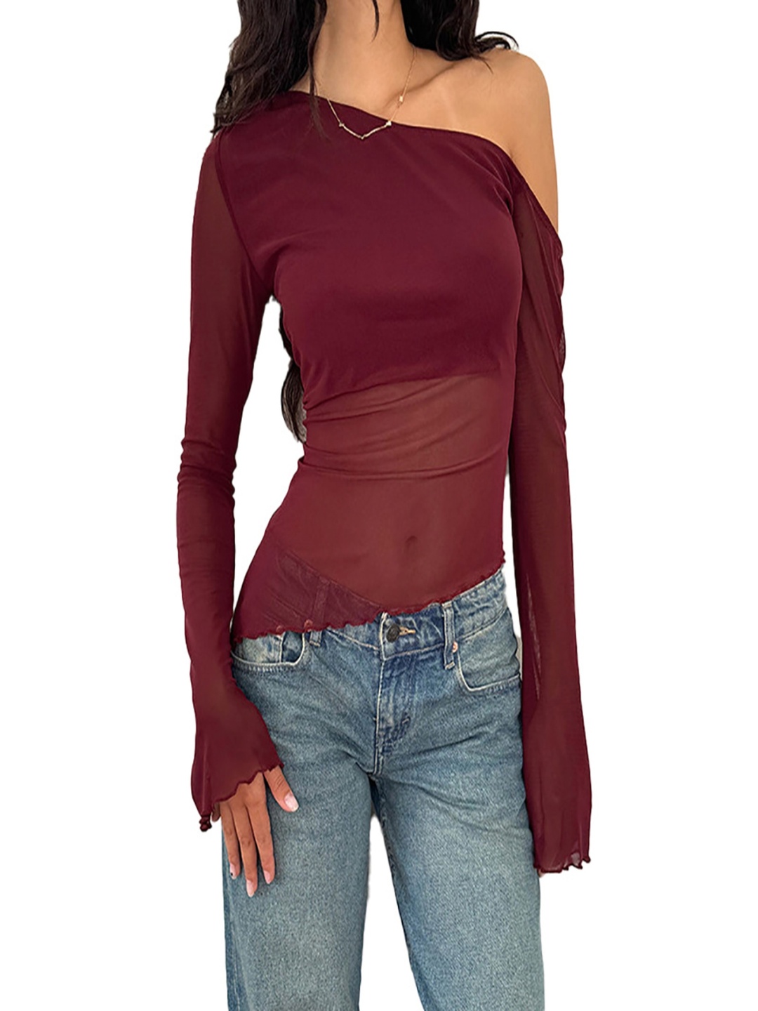 

StyleCast x Revolte One Shoulder Extended Sleeves Crepe Top, Maroon