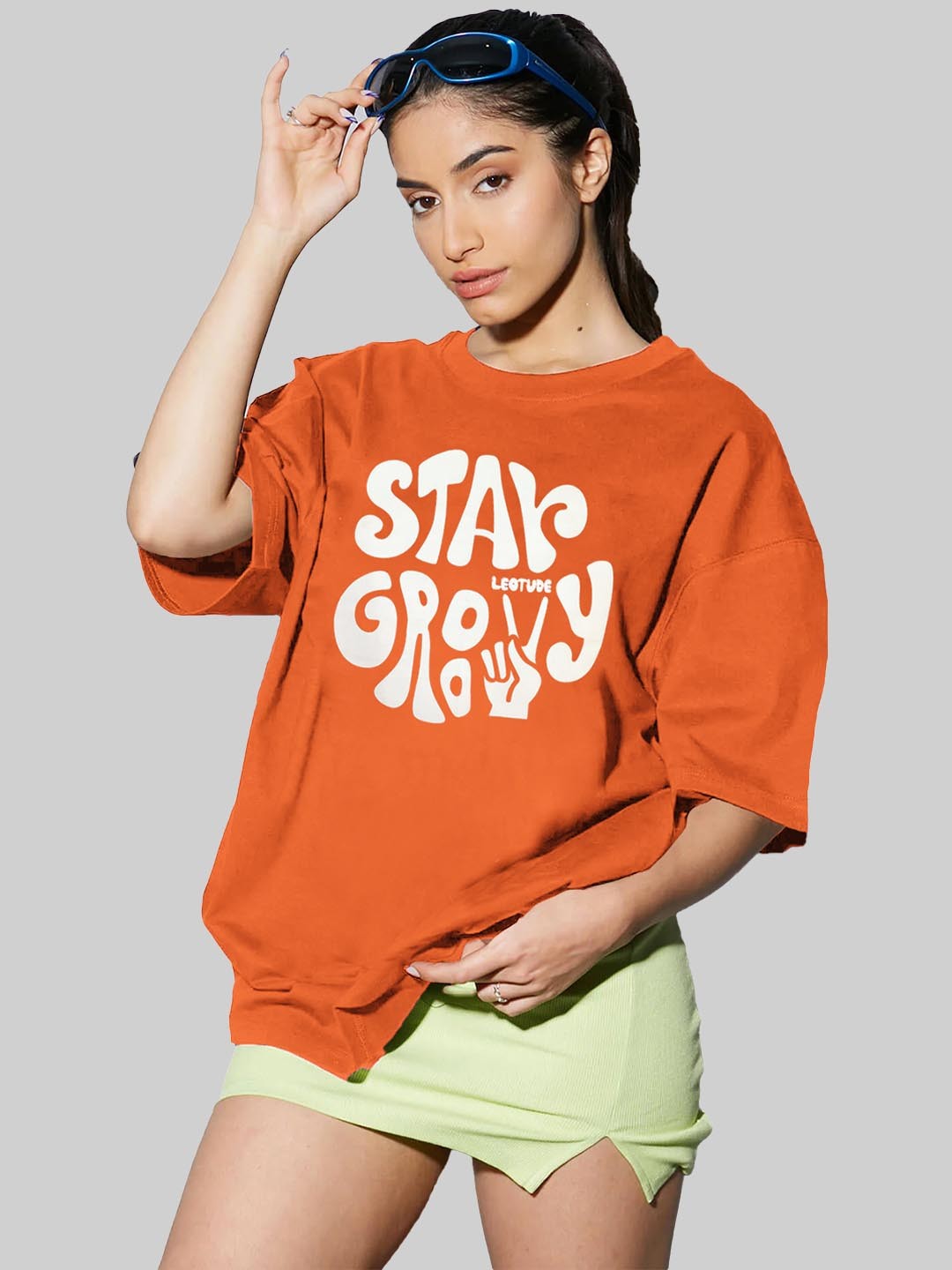 

Leotude Women Typography Printed Round Neck Cotton Oversized T-shirt, Orange