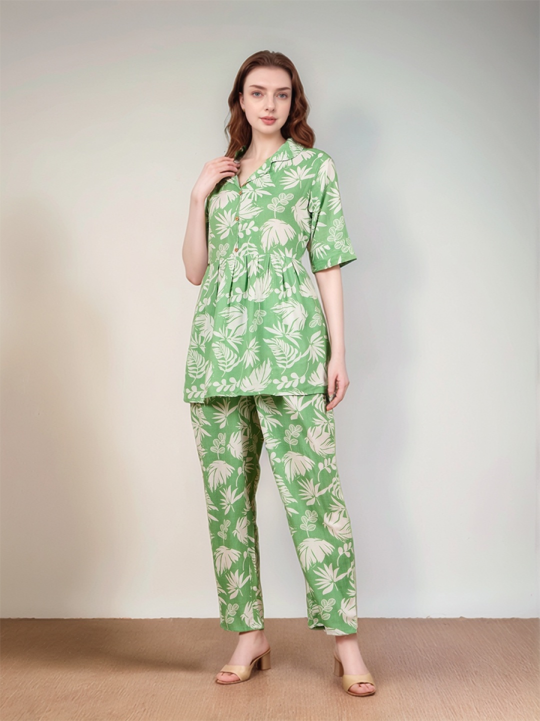 

BAESD Printed Shirt Collar Pure Cotton Tunic With Trousers, Green