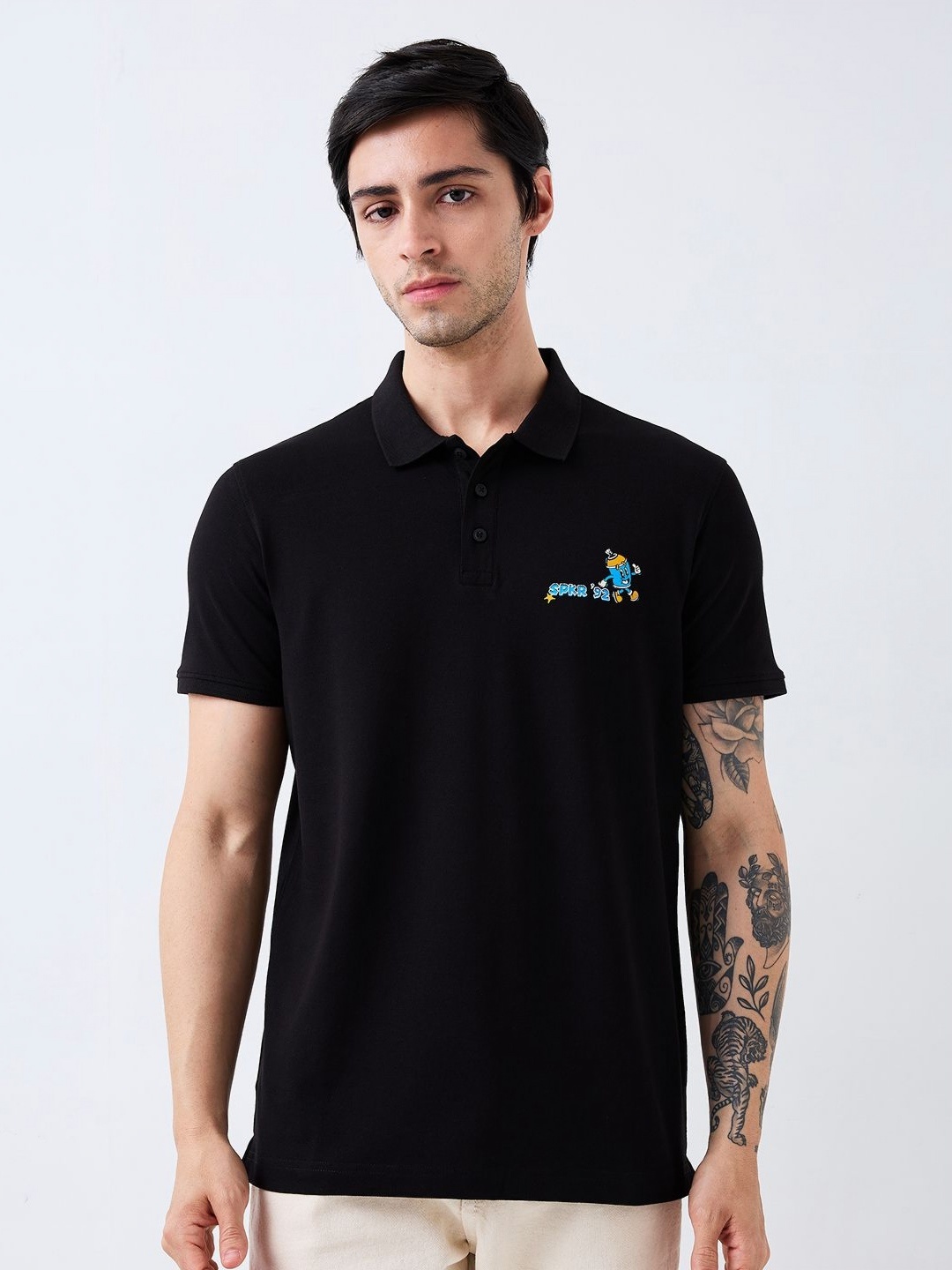 

SPYKAR Men Graphic Printed Polo Collar Cotton Slim Fit T-shirt, Black