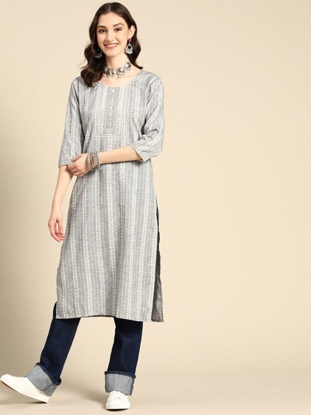 

Suha Striped Round Neck Mirror Work Straight Kurta, Grey