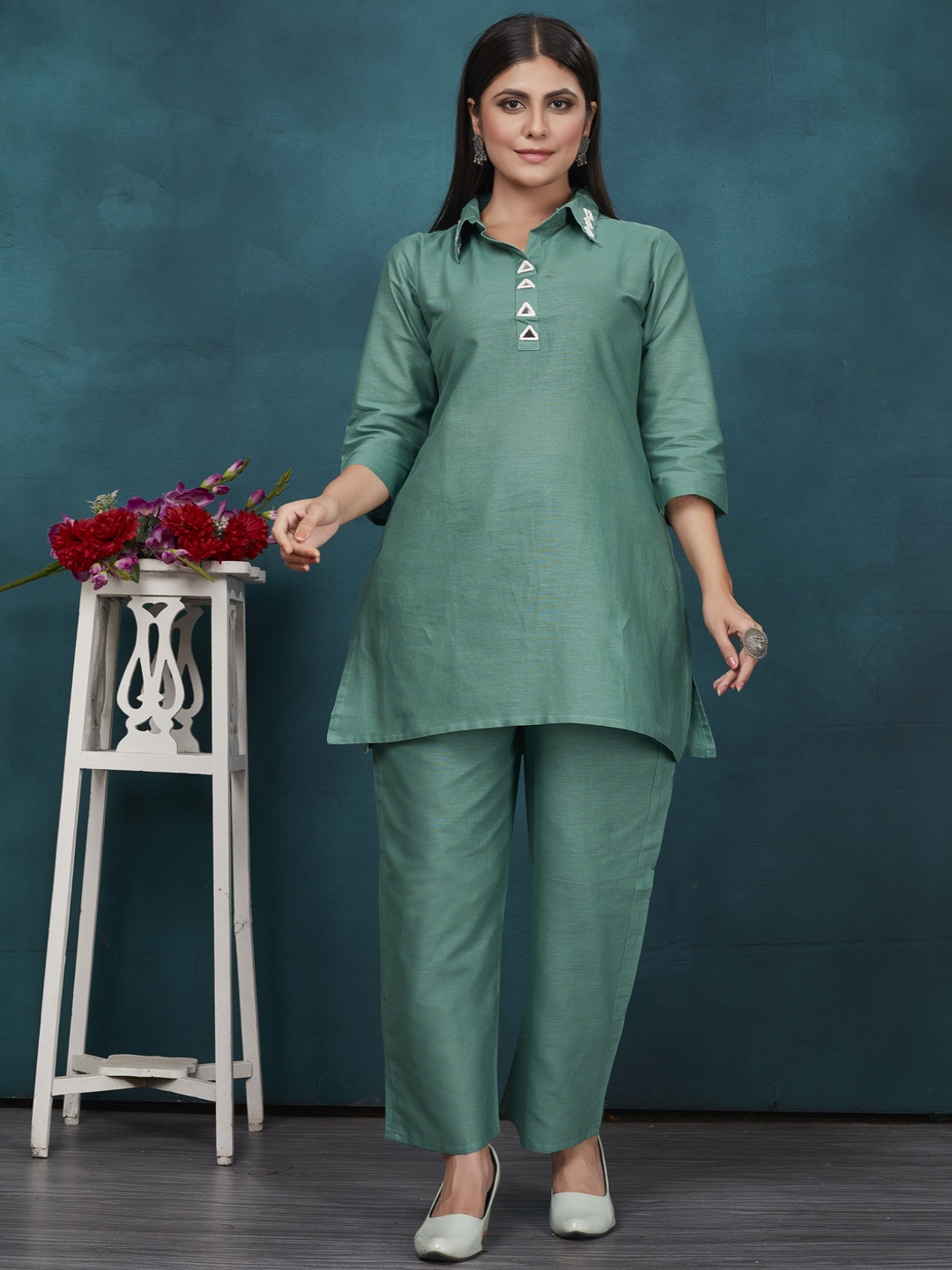 

MINGORA Pure Cotton Shirt Collar Neck Top With Trousers, Sea green