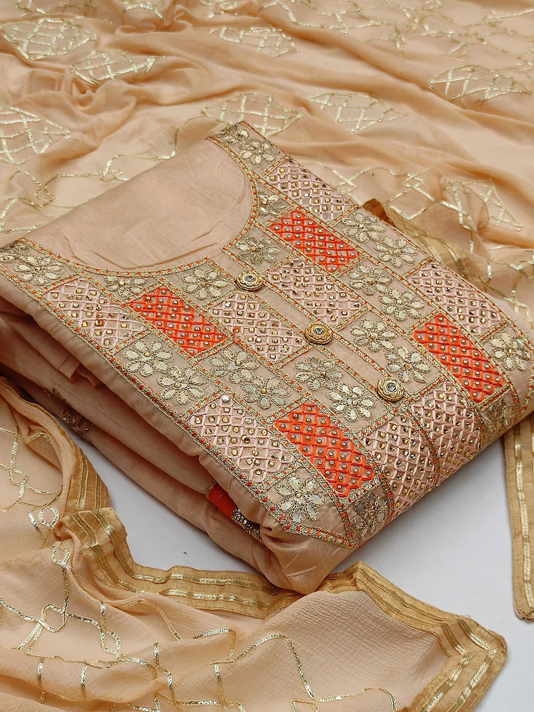 

HERE&NOW Embellished Unstitched Dress Material, Beige