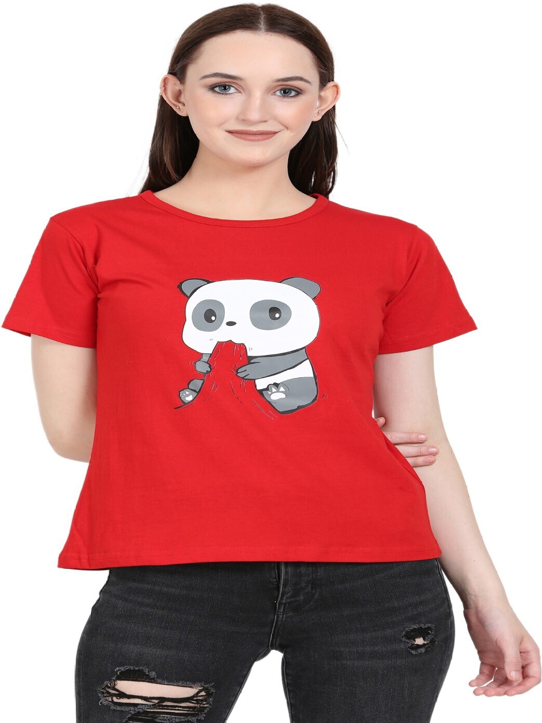 

DEEPMAYRA COLLECTION Women Graphic Printed Round Neck Cotton T-shirt, Red