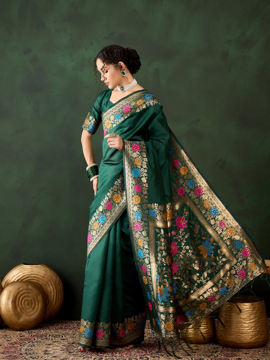 

DEVATITHI Woven Design Zari Green Poly Silk Saree