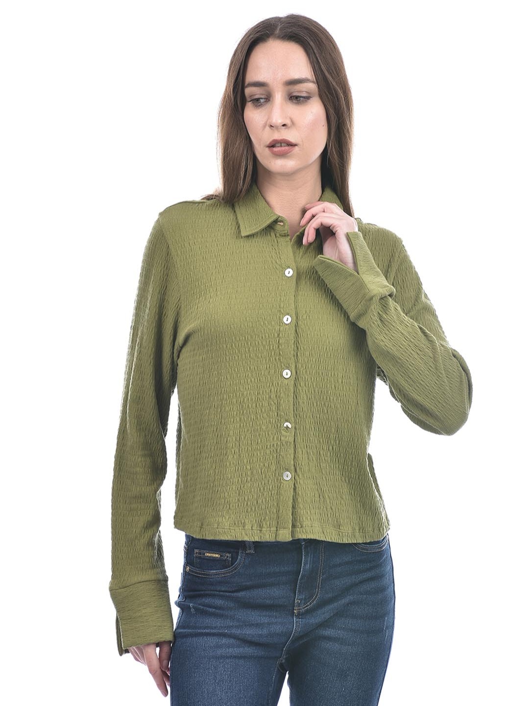 

ONLY Women Regular Fit Spread Collar Solid Cotton Casual Shirt, Green