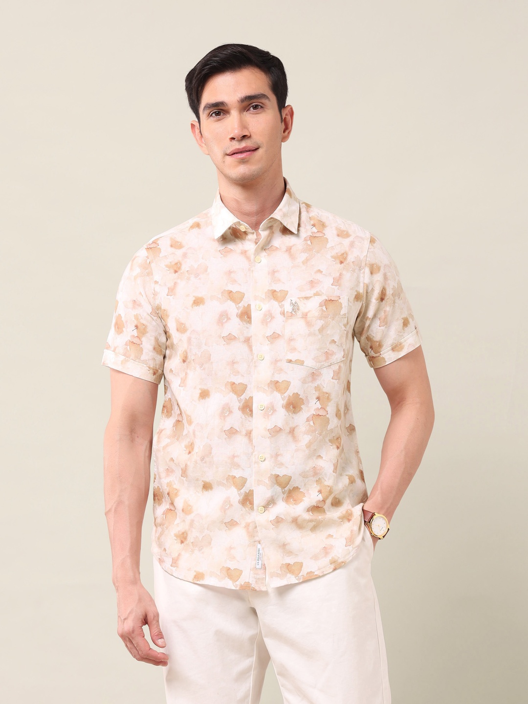 

U.S. Polo Assn. Men Classic Slim Fit Spread Collar Abstract Printed Cotton Casual Shirt, Beige