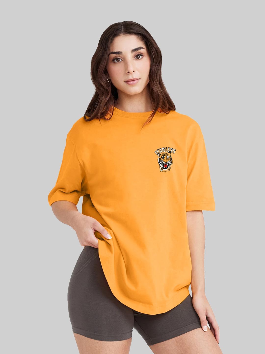 

Leotude Women Graphic Printed Round Neck Cotton Relaxed Fit T-shirt, Mustard