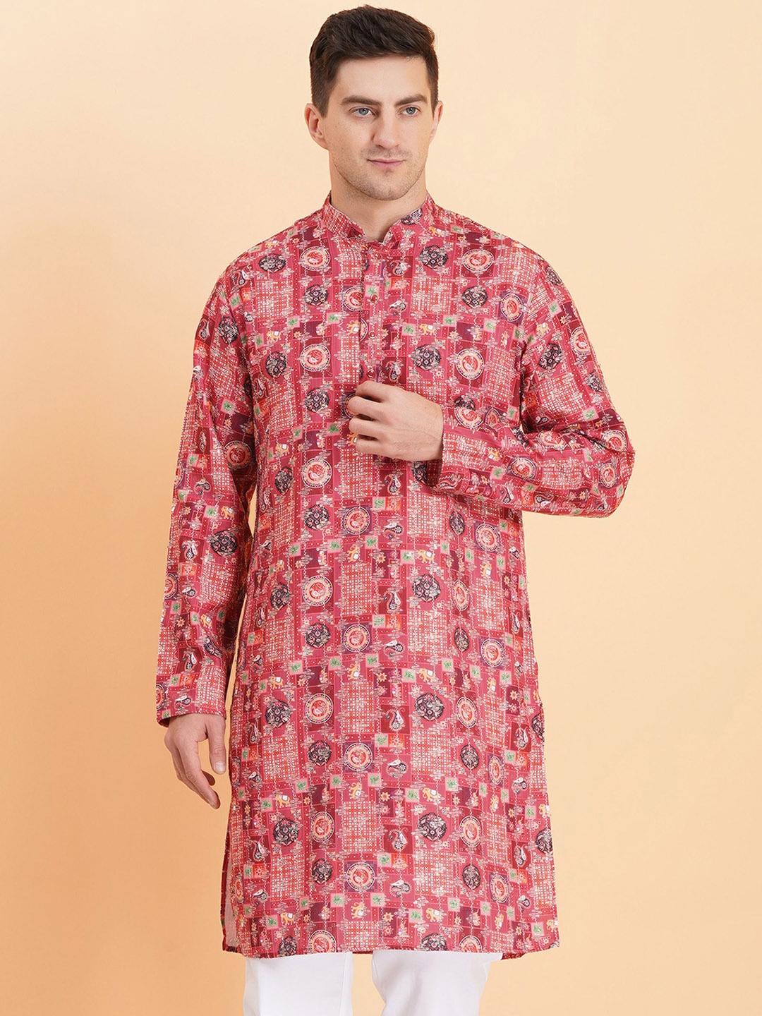 

SG LEMAN Abstract Printed Mandarin Collar Cotton Straight Kurta, Peach