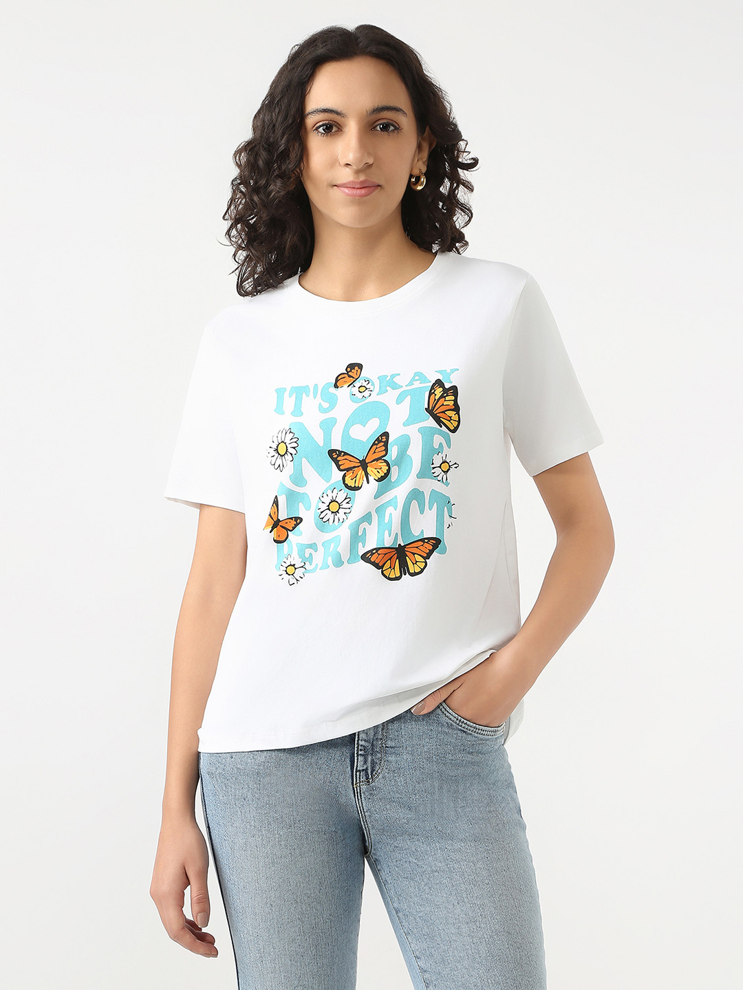 

Kraus Jeans Women Typography Printed Round Neck Cotton T-shirt, White
