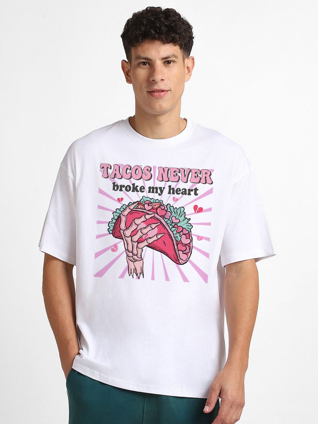 

RARESCAPE Men Tacos Graphic Printed Round Neck Cotton Oversized T-shirt, White