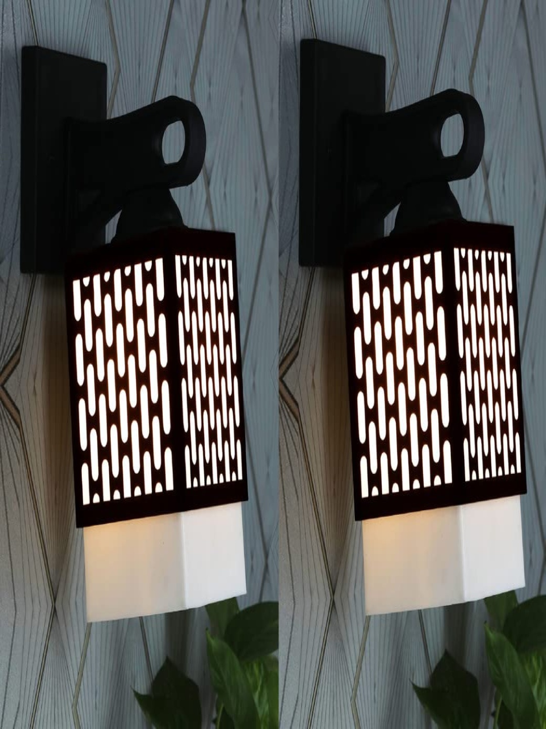 

Gojeeva Black & White 2 Pieces Textured Wooden Rectangle Shaped Wall Lamps