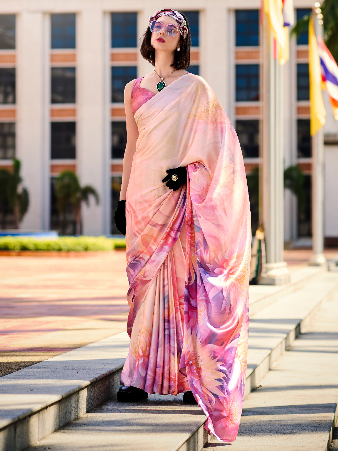 

Panzora Floral Satin Saree, Pink