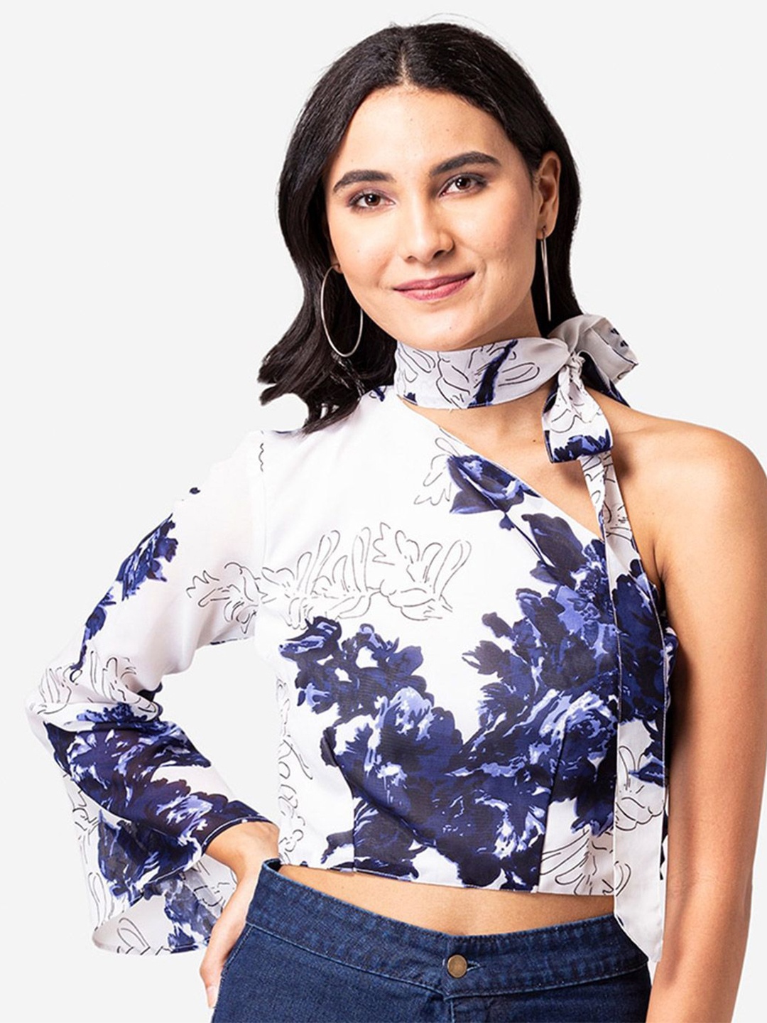 

DressBerry Floral Print Choker Neck Georgette Crop Top, White