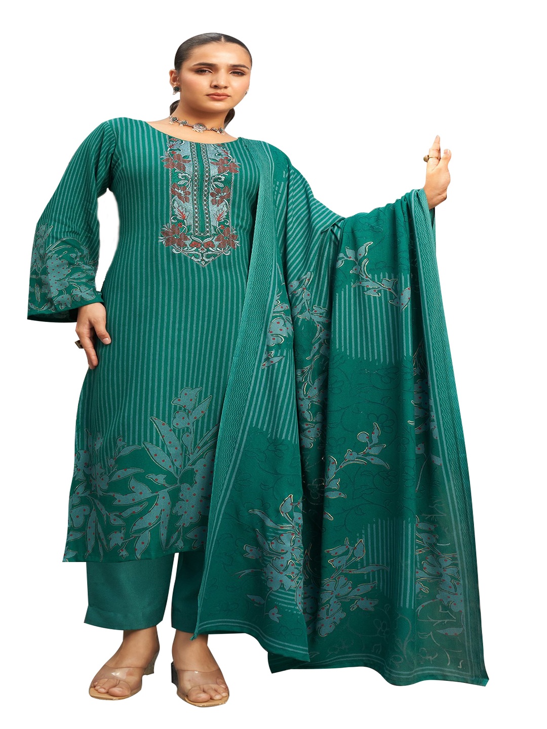 

DRAVINAM Trends Floral Woven Pashmina Unstitched Dress Material, Green