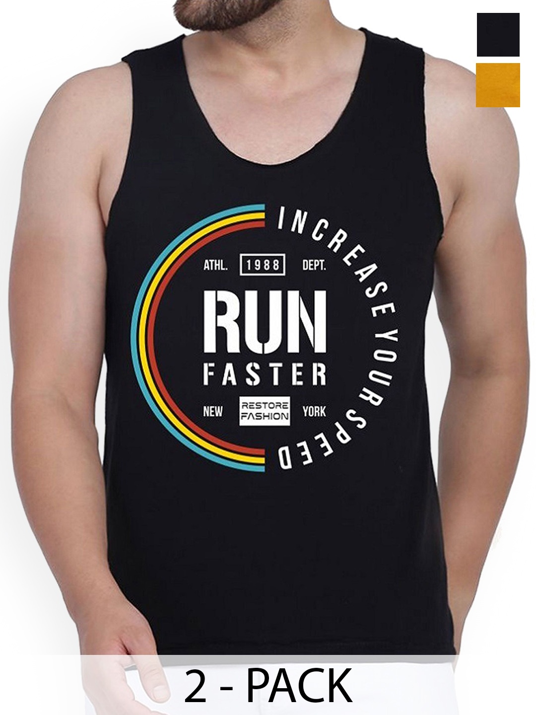 

Woostro Pack Of 2 Printed Cotton Gym Vests RS26 CMB (MORE MUSTARD) (RUN BLACK)