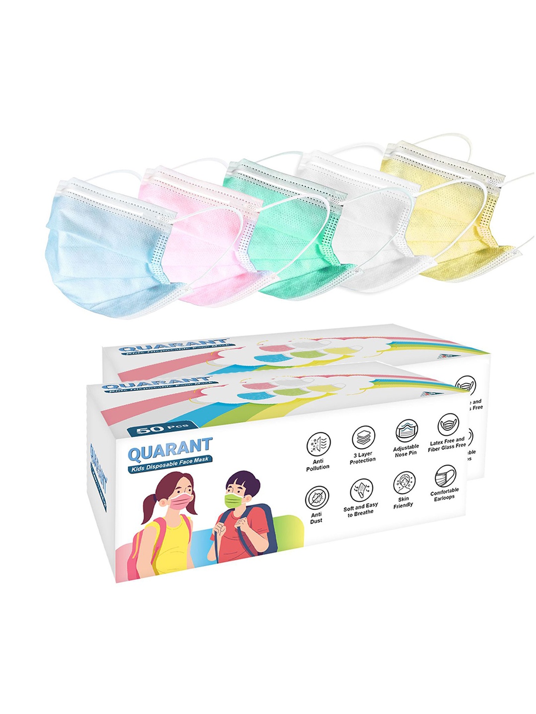 

QUARANT Kids Pack Of 100 3-Ply Anti Pollution Disposable Outdoor Masks, Assorted