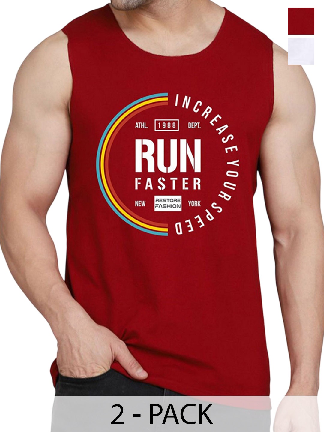 

WOOSTRO Men Pack of 2 Printed Cotton Innerwear Vests, Maroon