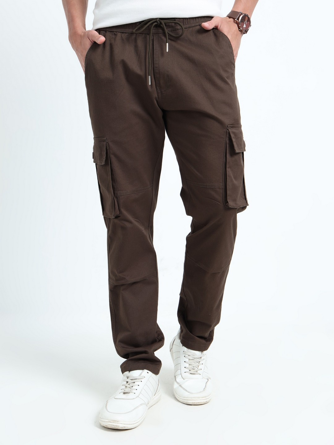 

NEVER NEUD Men Cotton Relaxed Cargos Trousers, Brown