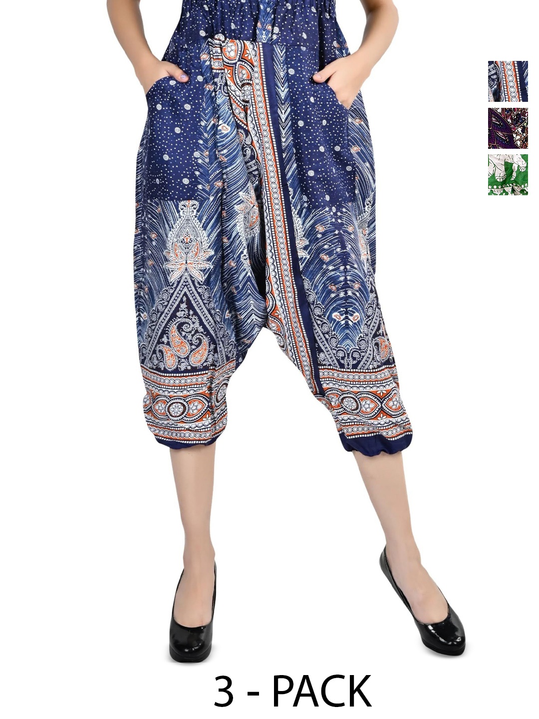 

NarNari Women Pack Of 3 Printed Mid-Rise Harem Pants, Green