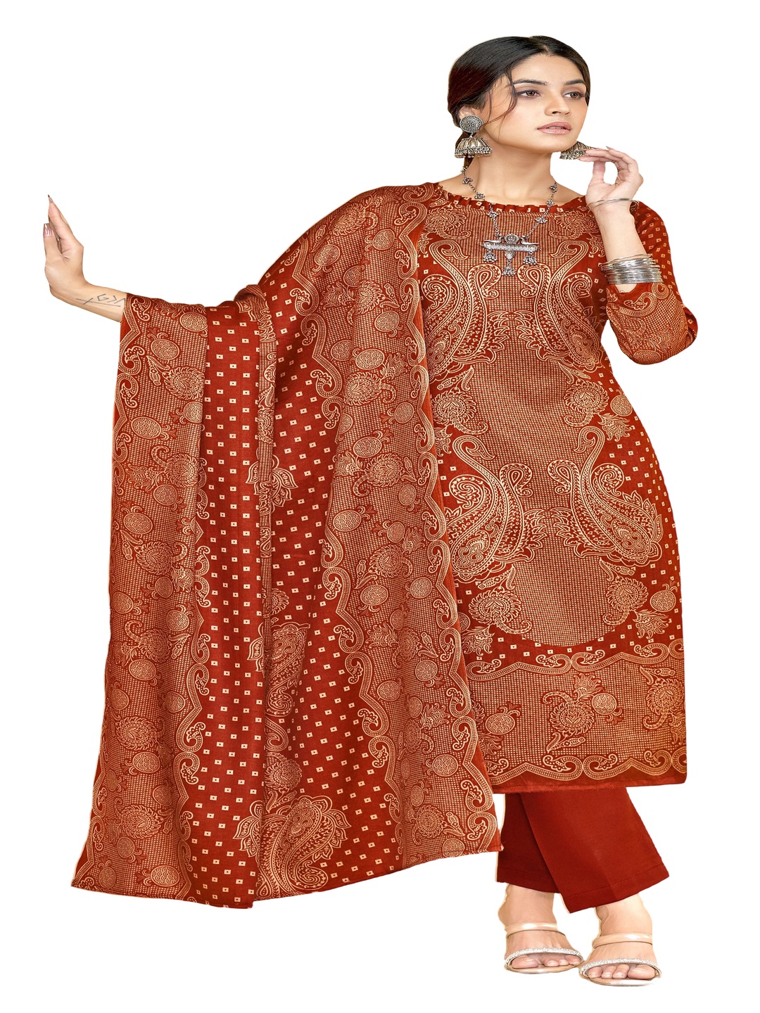 

DRAVINAM Trends Paisley Printed Pashmina Unstitched Dress Material, Rust