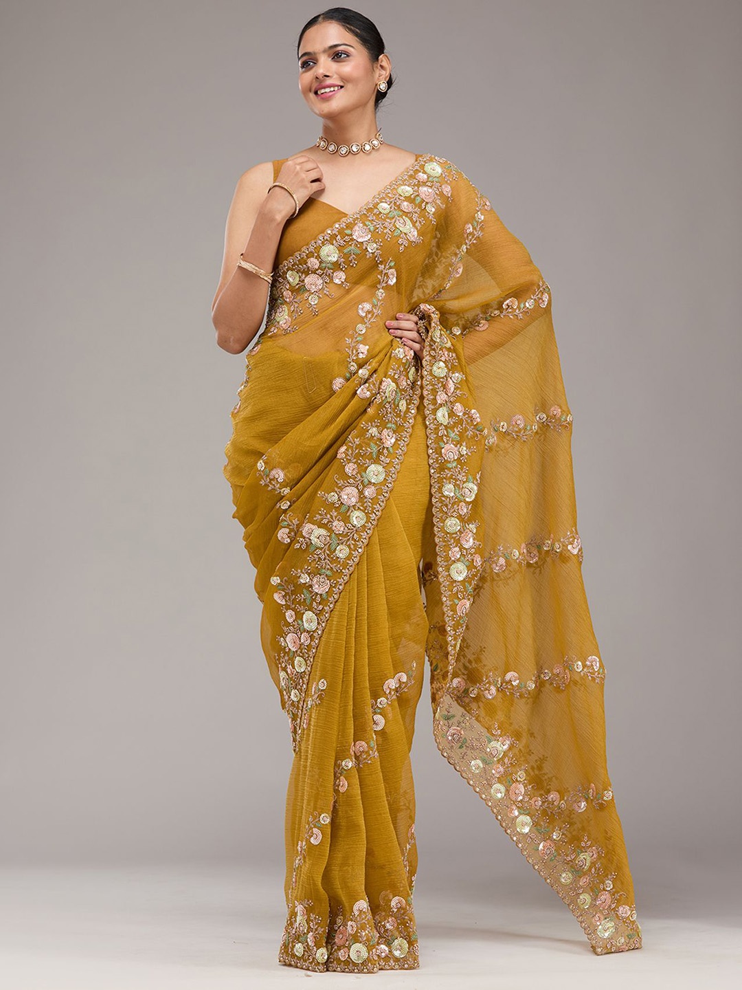 

Koskii Sequinned Embellished Tissue Saree, Mustard