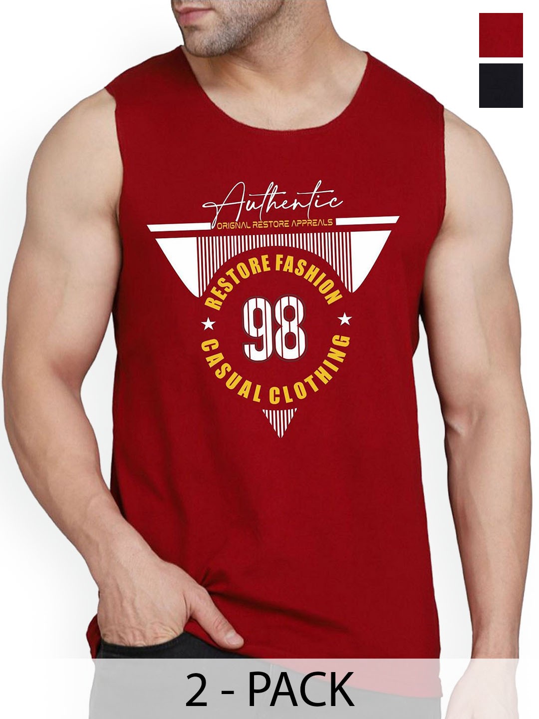 

Woostro Men Pack Of 2 Printed Odour-Free Innerwear Gym Vests, Maroon