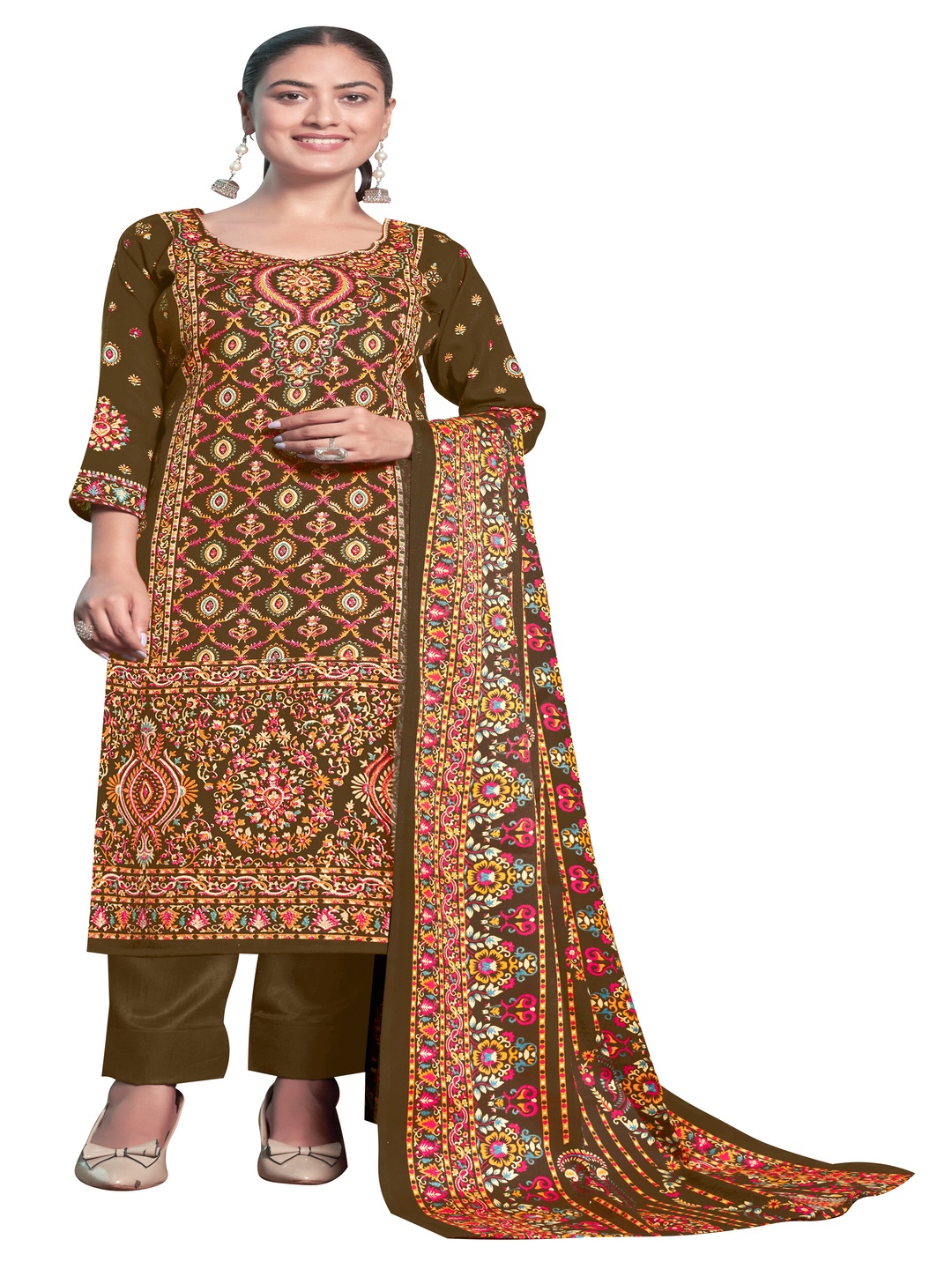 

DRAVINAM Trends Ethnic Motifs Printed Pashmina Unstitched Dress Material, Brown