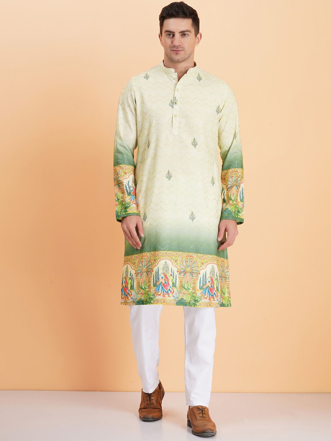 

SG LEMAN Men Floral Printed Regular Kurta with Pyjamas, Green