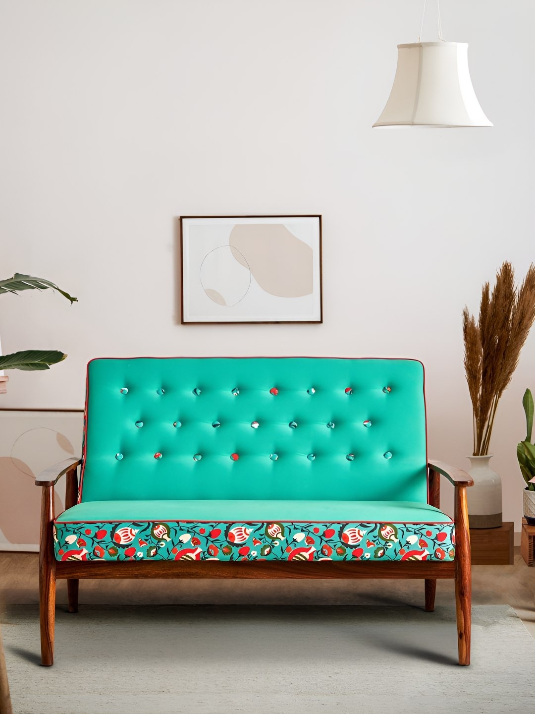 

Chumbak Memsaab Loveseat Tuffted Teal Blue & Red Printed Two Seater Inflatable Sofa