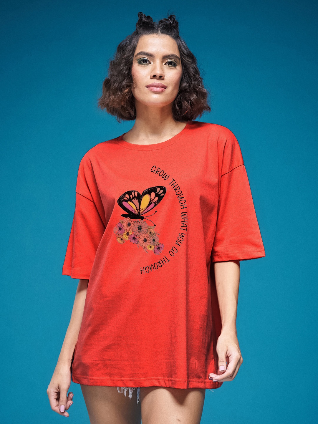 

SMARTEES Women Graphic Printed Round Neck Cotton Oversized T-shirt, Red
