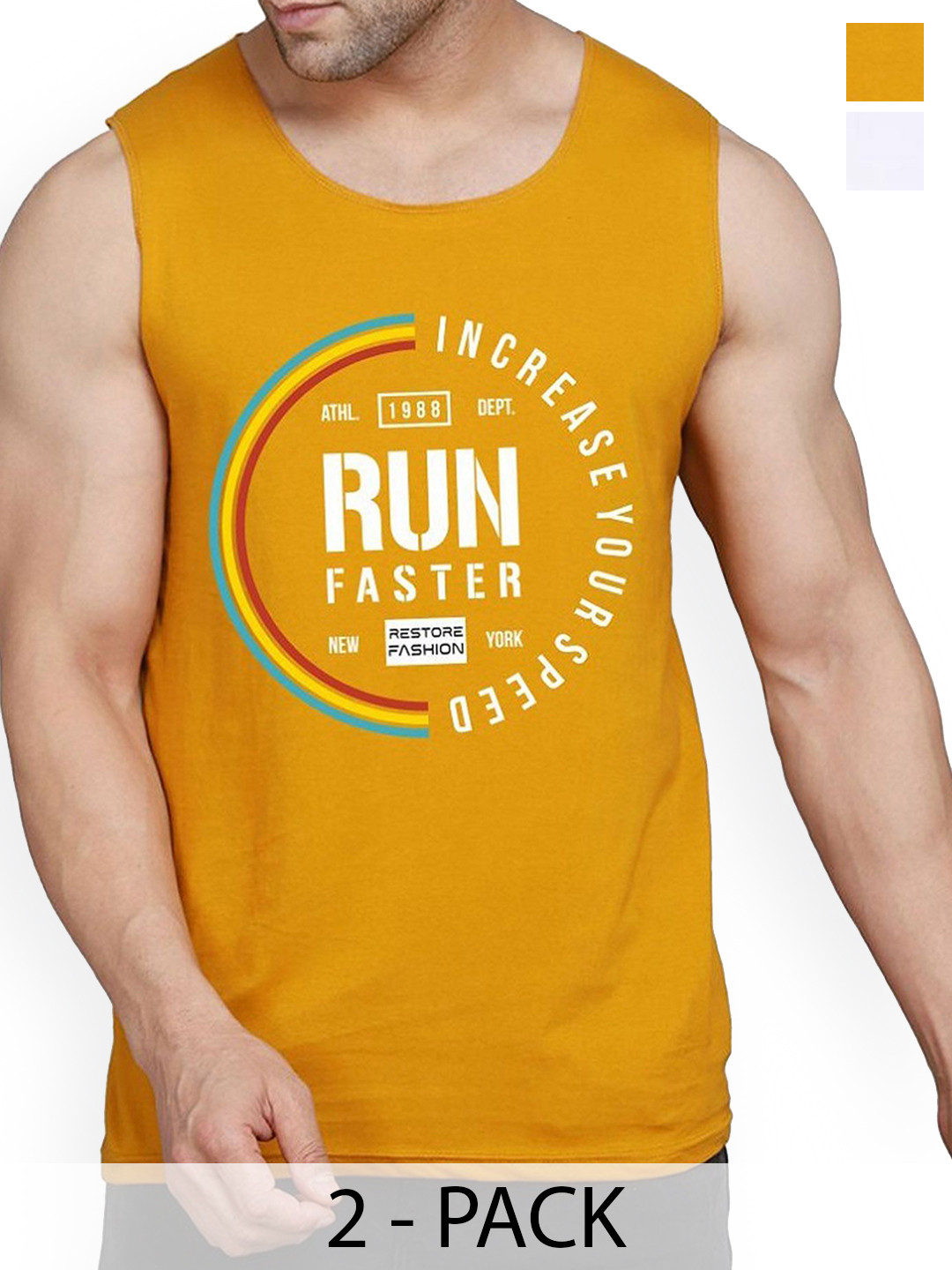 

WOOSTRO Men Pack Of 2 Printed Round Neck Gym Vests, Mustard