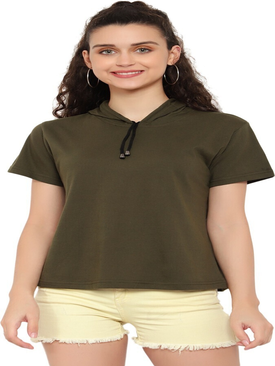 

DEEPMAYRA COLLECTION Women Solid Hood Cotton T-shirt, Olive