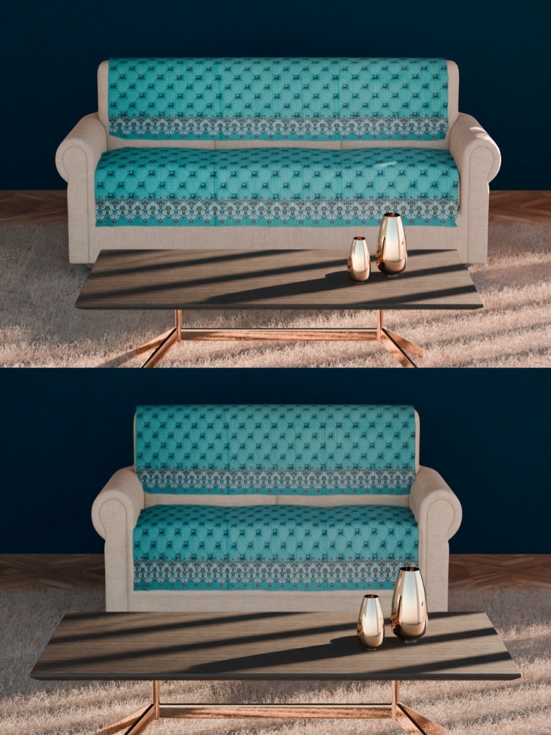 

Fashion Throw Turquoise Blue & Grey 4 Pieces Printed Velvet 5 Seater Sofa Covers