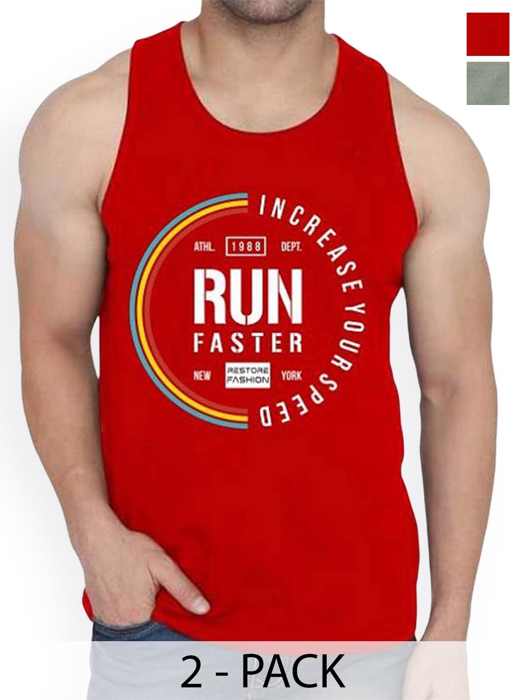 

Woostro Men Pack Of 2 Printed Cotton Sleeveless Scoop Neck Gym Innerwear Vests, Red