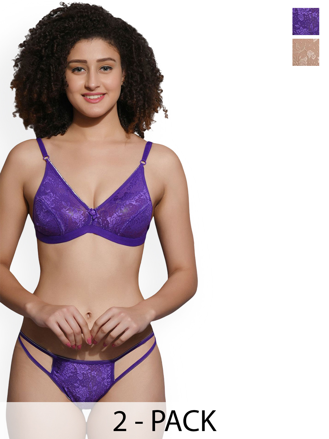 

chia fashions Women Pack Of 2 Non Padded Lingerie Set - CFHS-070-PRPL-BEG-36B, Purple