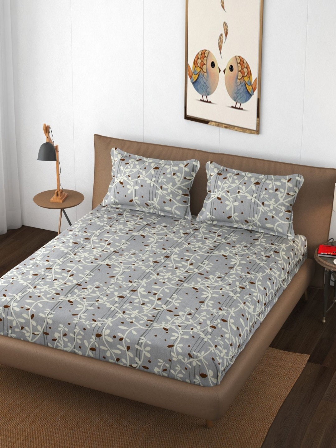 

THE little BIG STORE Grey Floral Printed 260TC Fitted King Bedsheet Set-1.8 m x 1.9 m