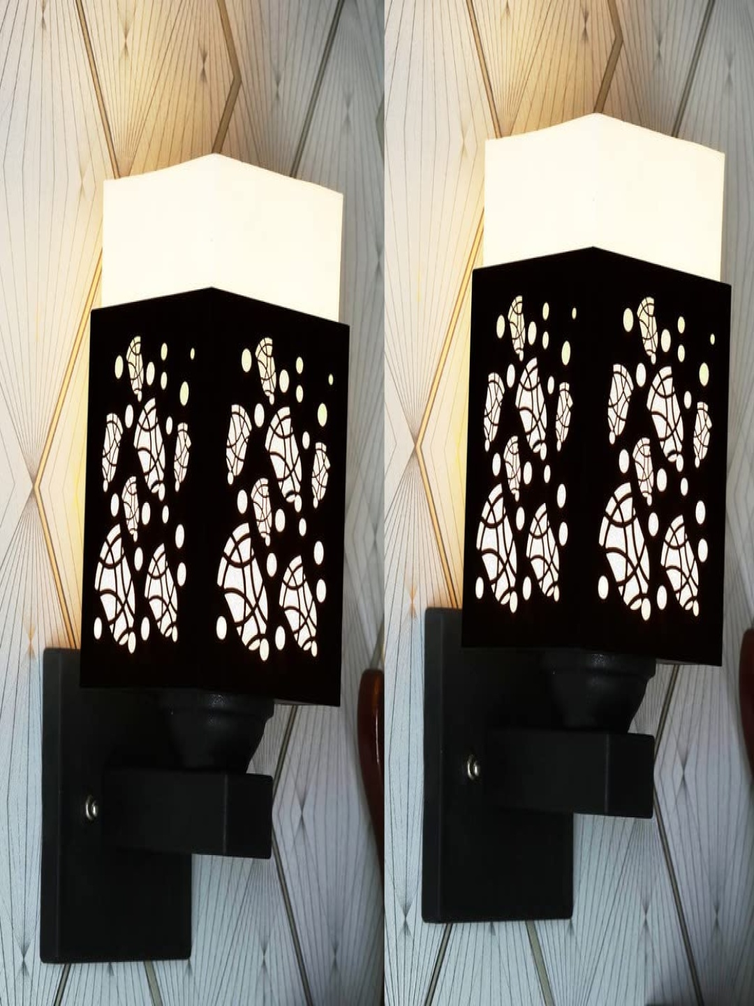 

Gojeeva Black & White 2 Pieces Textured Wooden Rectangle Shaped Wall Lamps