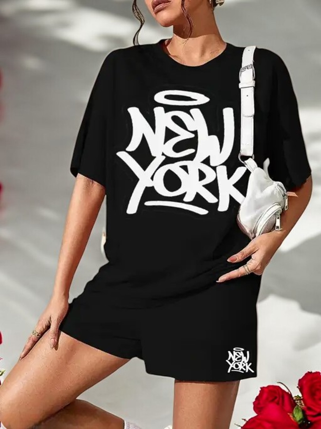 

My Swag Quirky Printed Pure Cotton Round Neck T-Shirt With Shorts, Black
